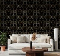 Gold and black ogee leaf wallpaper in a modern living room setting., GD10647
