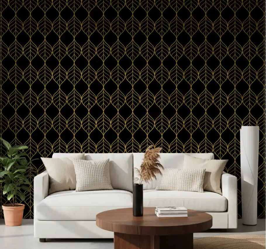Gold and black ogee leaf wallpaper in a modern living room setting., GD10647