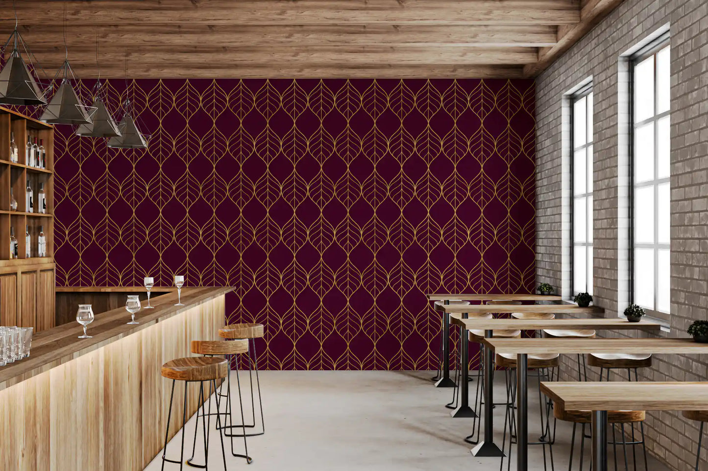 Vertical gold ogee leaf pattern wallpaper with double-line curves on burgundy., GD10648