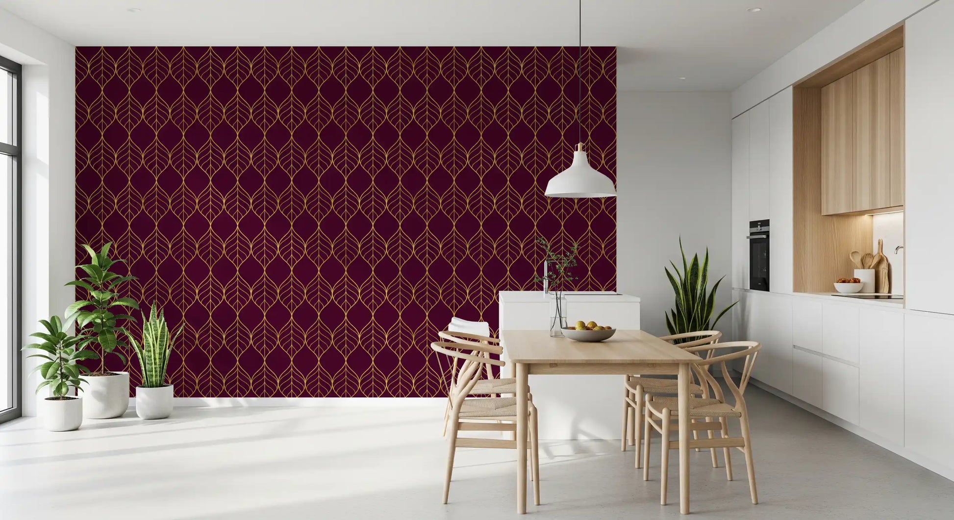 Metallic gold outlined leaf motifs arranged vertically on burgundy wallpaper., GD10648
