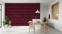 Metallic gold outlined leaf motifs arranged vertically on burgundy wallpaper., GD10648