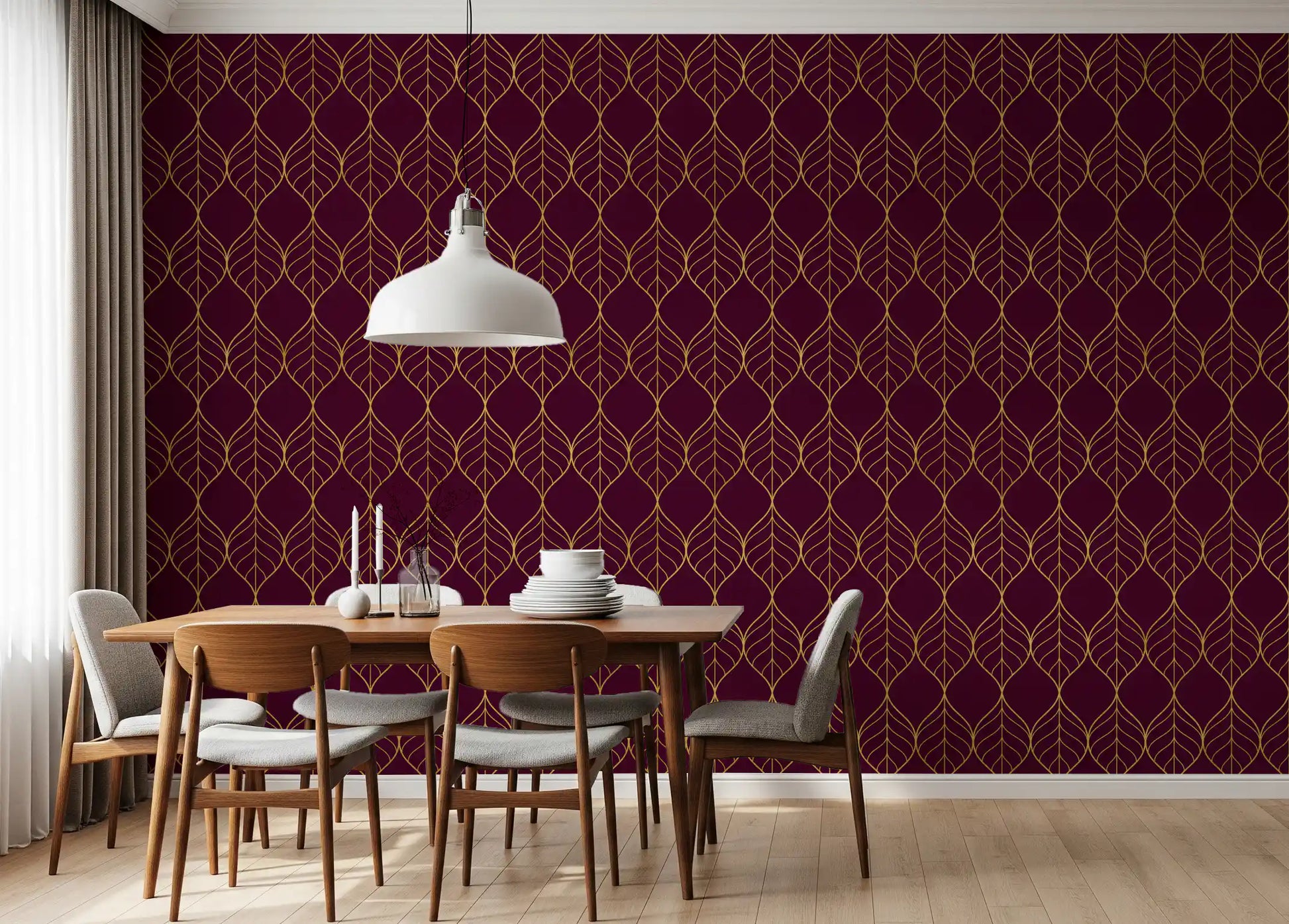Gold leaf pattern wallpaper on burgundy displayed in a styled dining room., GD10648