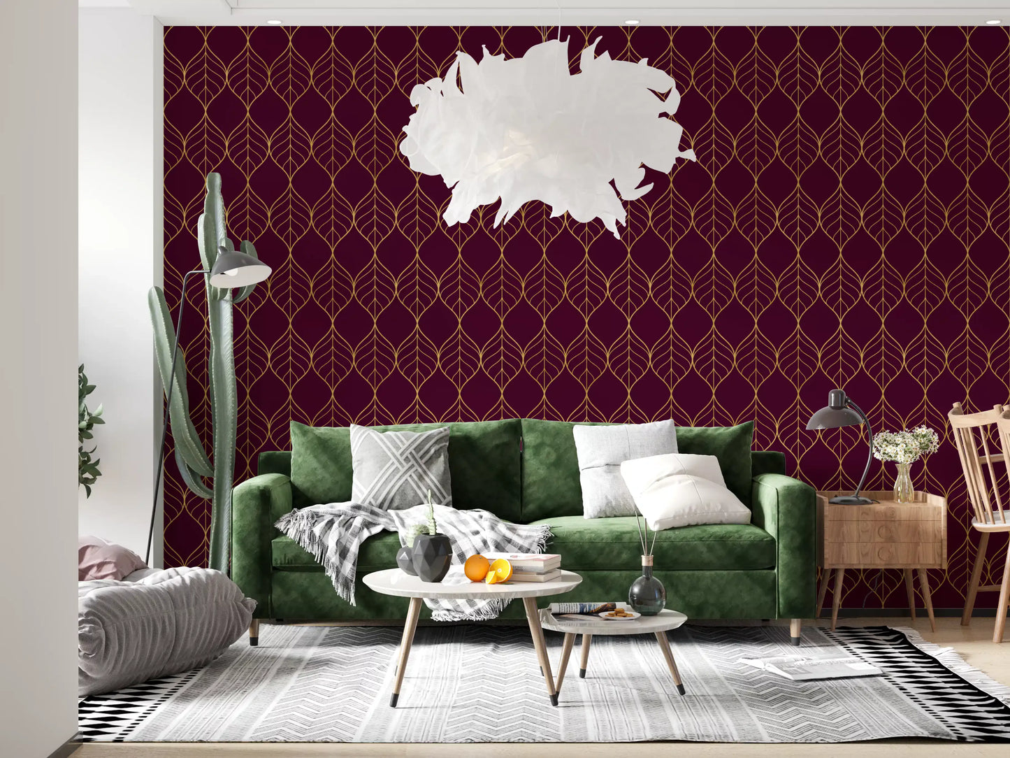 Interlocking gold ogee shapes wallpaper with central veins on a burgundy ground., GD10648
