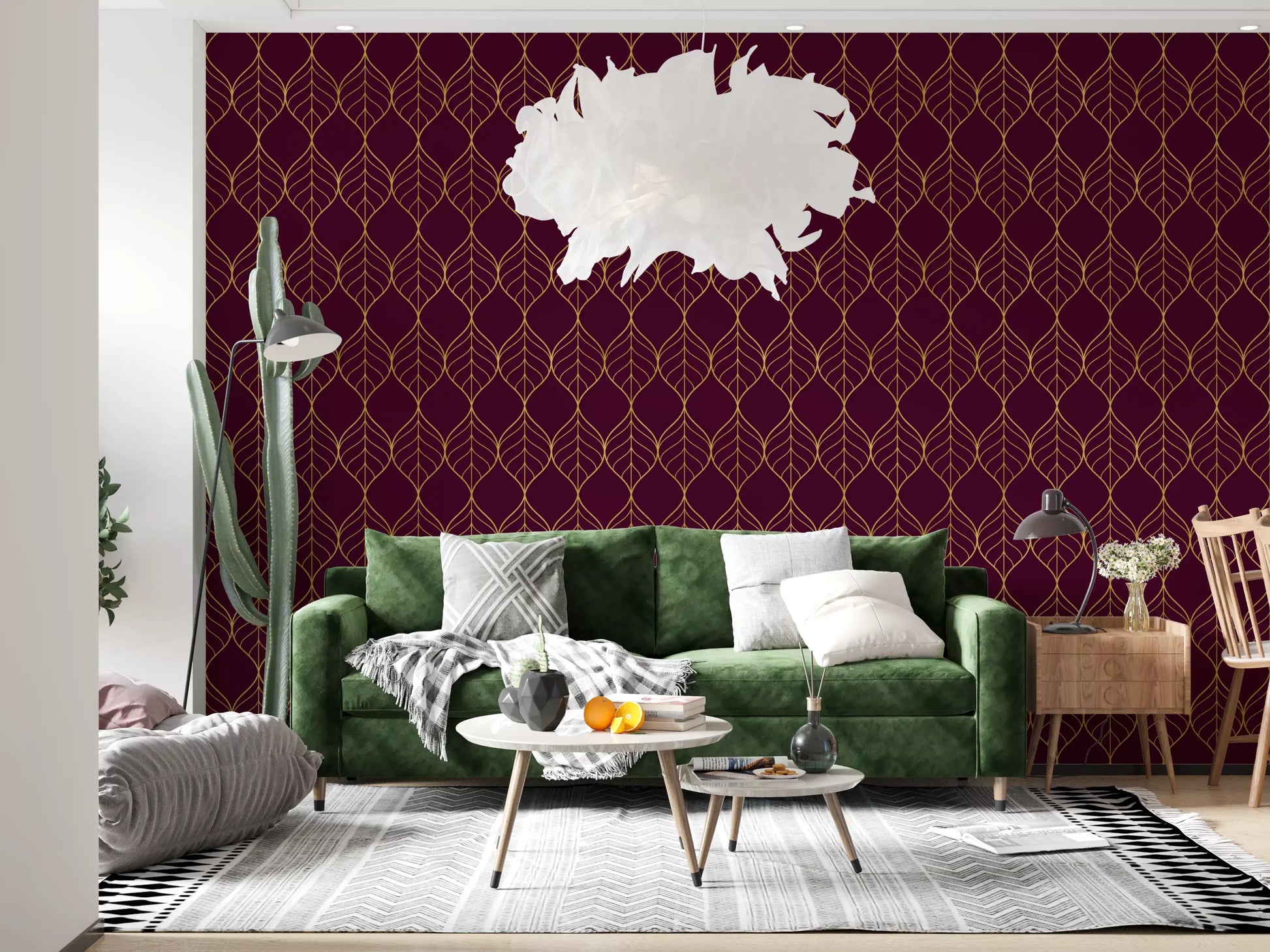 Interlocking gold ogee shapes wallpaper with central veins on a burgundy ground., GD10648