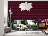 Interlocking gold ogee shapes wallpaper with central veins on a burgundy ground., GD10648