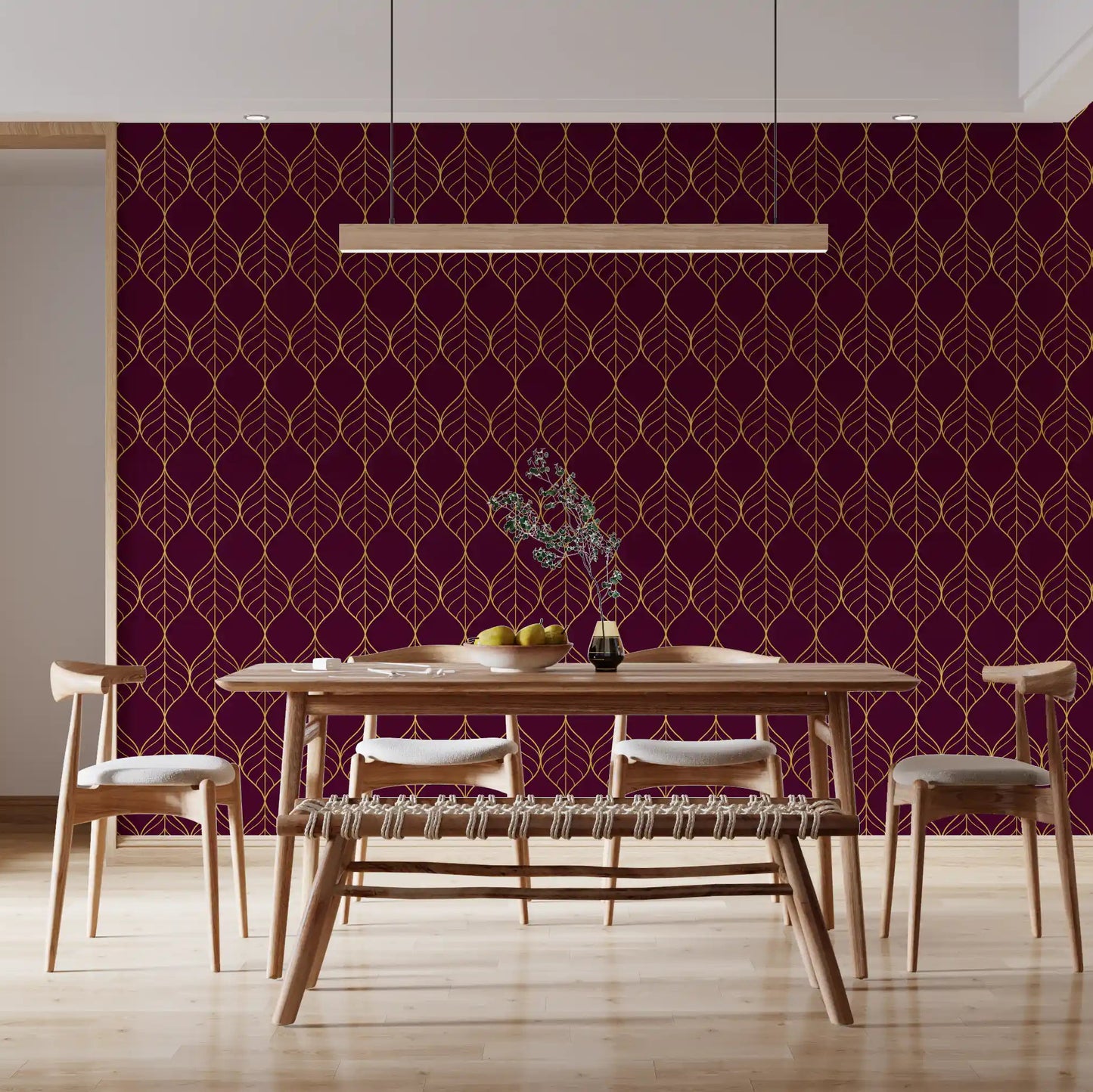 Burgundy and gold wallpaper with symmetrical leaf-shaped ogee motifs., GD10648