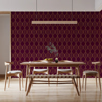 Burgundy and gold wallpaper with symmetrical leaf-shaped ogee motifs., GD10648