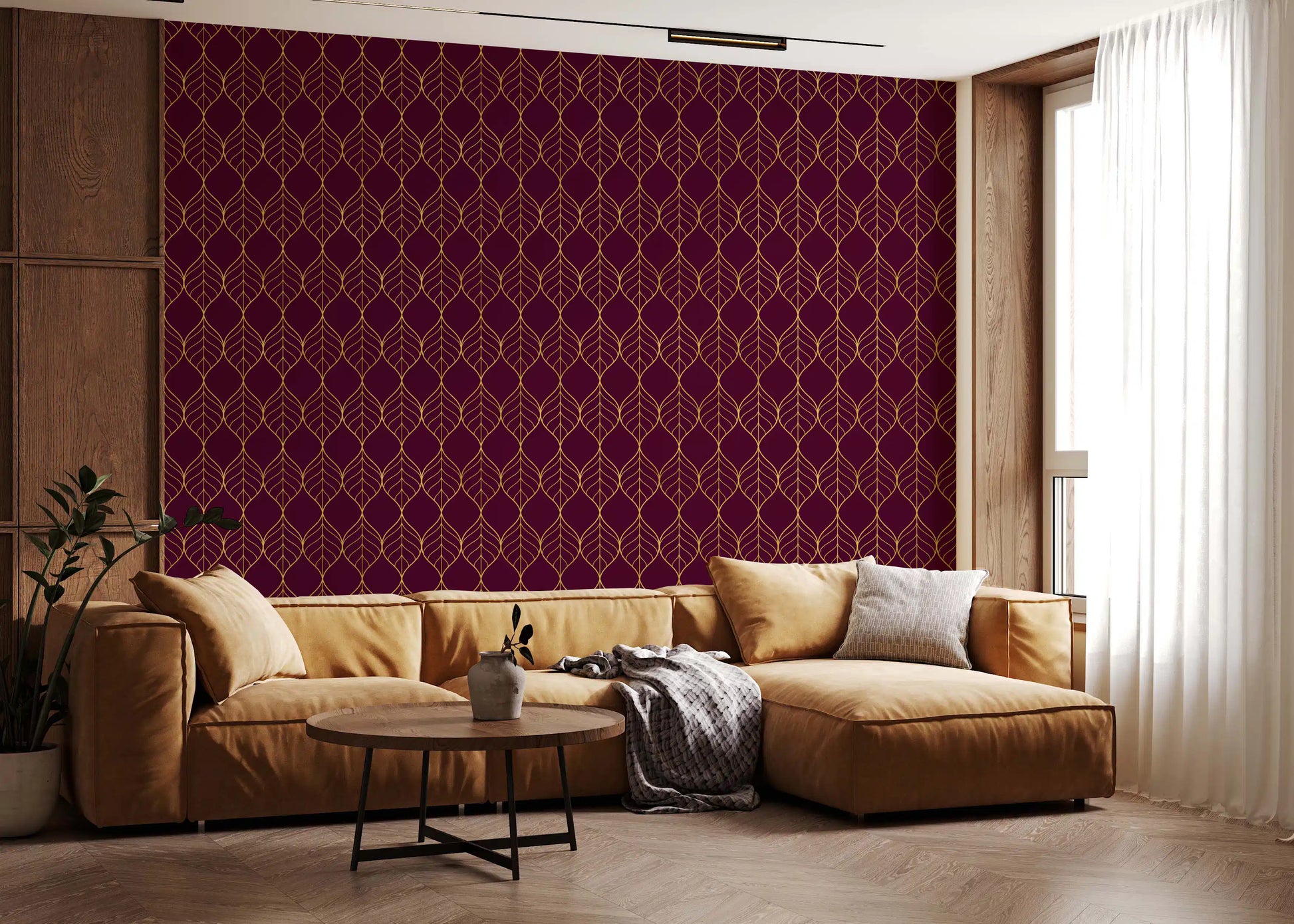 Gold outlined leaf shapes forming a continuous grid on burgundy wallpaper., GD10648