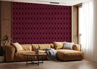 Gold outlined leaf shapes forming a continuous grid on burgundy wallpaper., GD10648