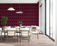 Burgundy wallpaper showing pointed gold ogee leaf forms in vertical repeat., GD10648