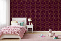 Repeating gold ogee leaf pattern wallpaper on a deep burgundy background., GD10648