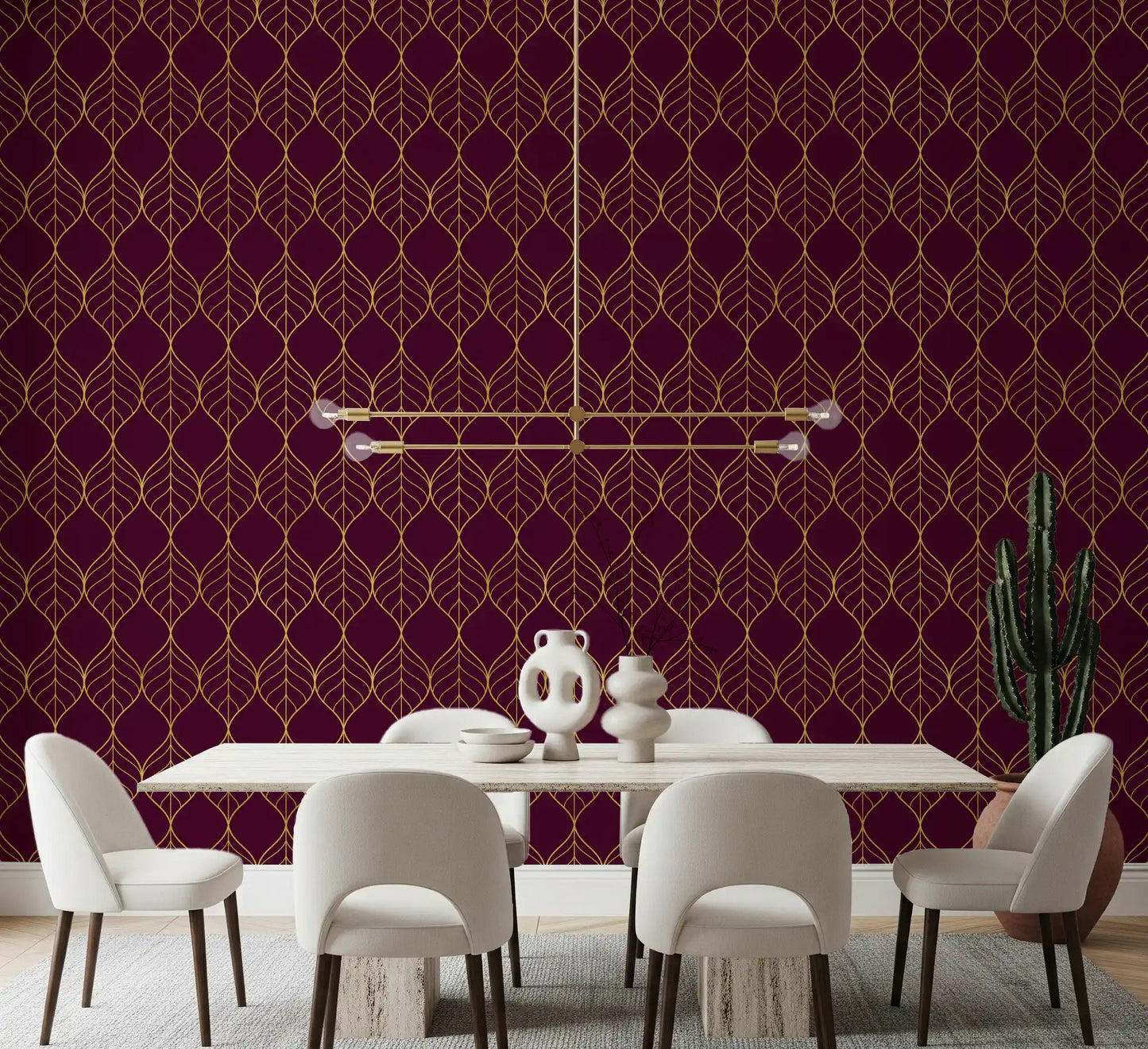Burgundy and gold ogee leaf wallpaper in a warm dining room setting., GD10648