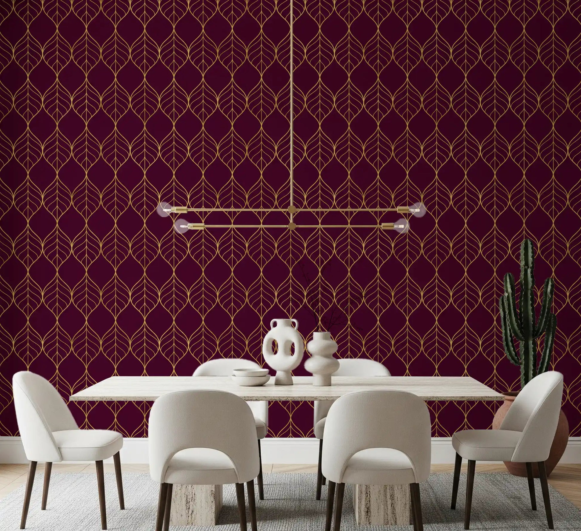 Burgundy and gold ogee leaf wallpaper in a warm dining room setting., GD10648