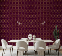 Burgundy and gold ogee leaf wallpaper in a warm dining room setting., GD10648