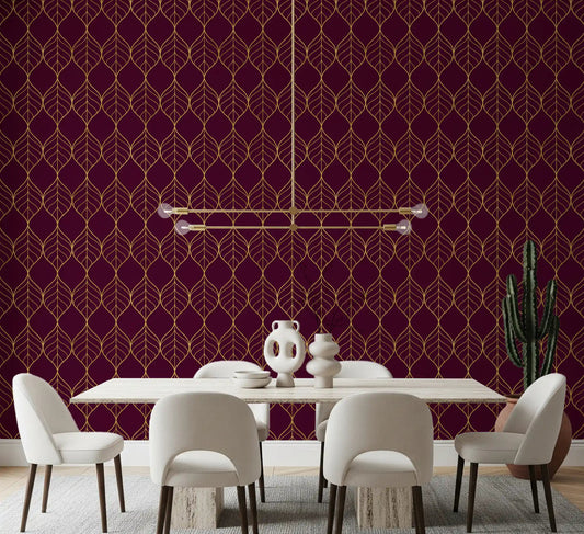 Burgundy and gold ogee leaf wallpaper in a warm dining room setting.