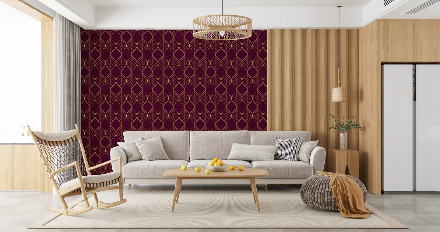 Wallpaper showing gold ogee leaf outlines on a burgundy ground., GD10648