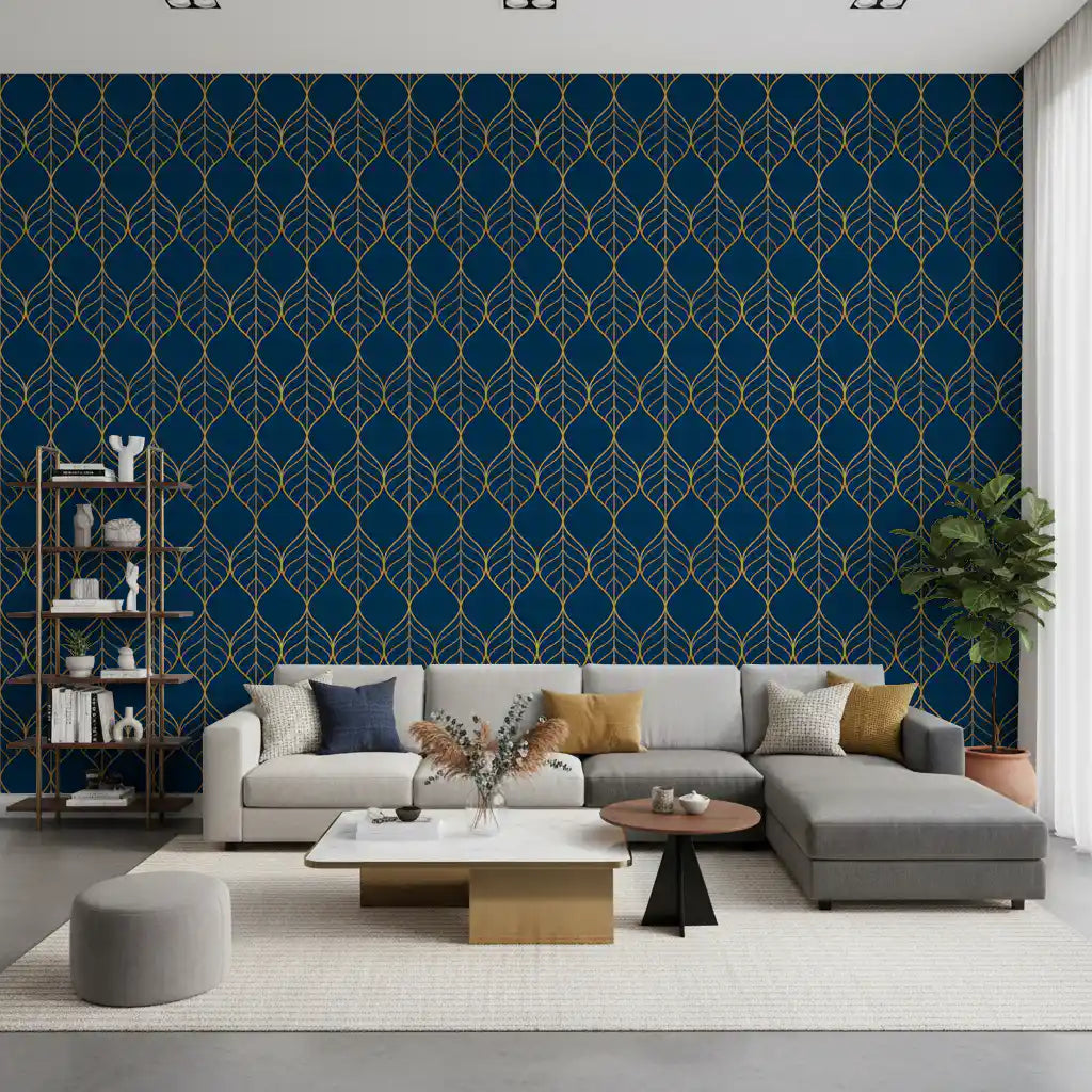 Interlocking gold ogee shapes wallpaper with central veins on a navy blue ground., GD10649