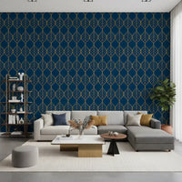 Interlocking gold ogee shapes wallpaper with central veins on a navy blue ground., GD10649