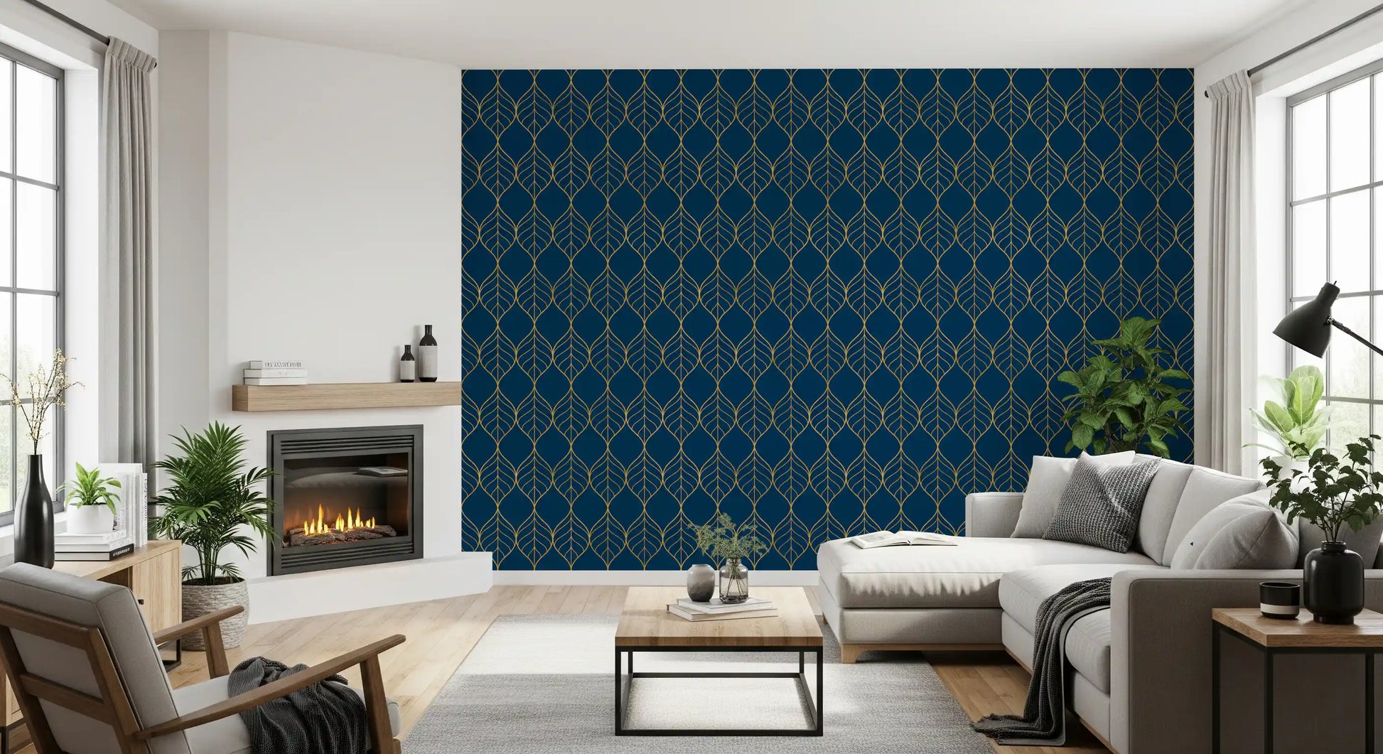 Navy and gold ogee leaf wallpaper in a contemporary living room., GD10649