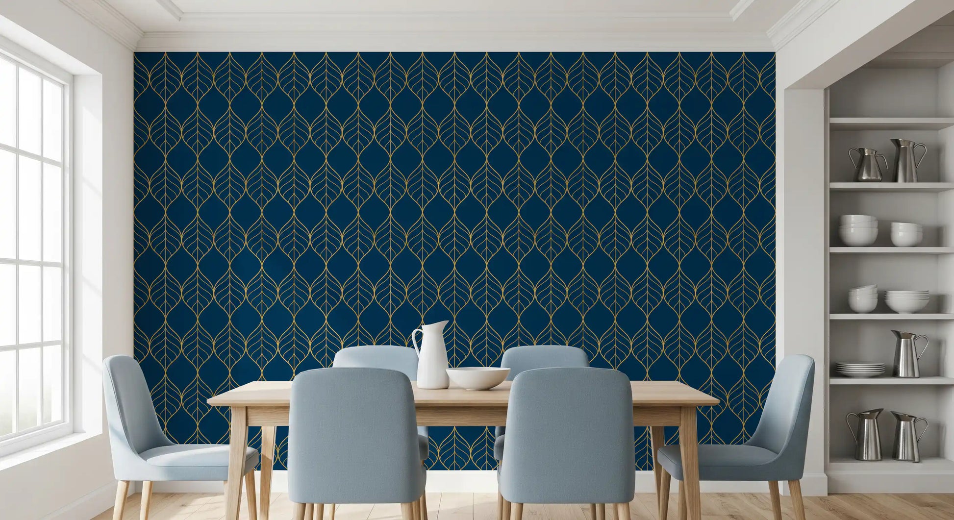 Gold outlined leaf shapes forming a connected grid on navy blue wallpaper., GD10649
