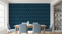 Gold outlined leaf shapes forming a connected grid on navy blue wallpaper., GD10649