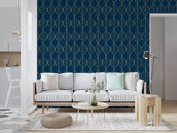 Wallpaper showing gold ogee leaf outlines on a navy blue ground., GD10649