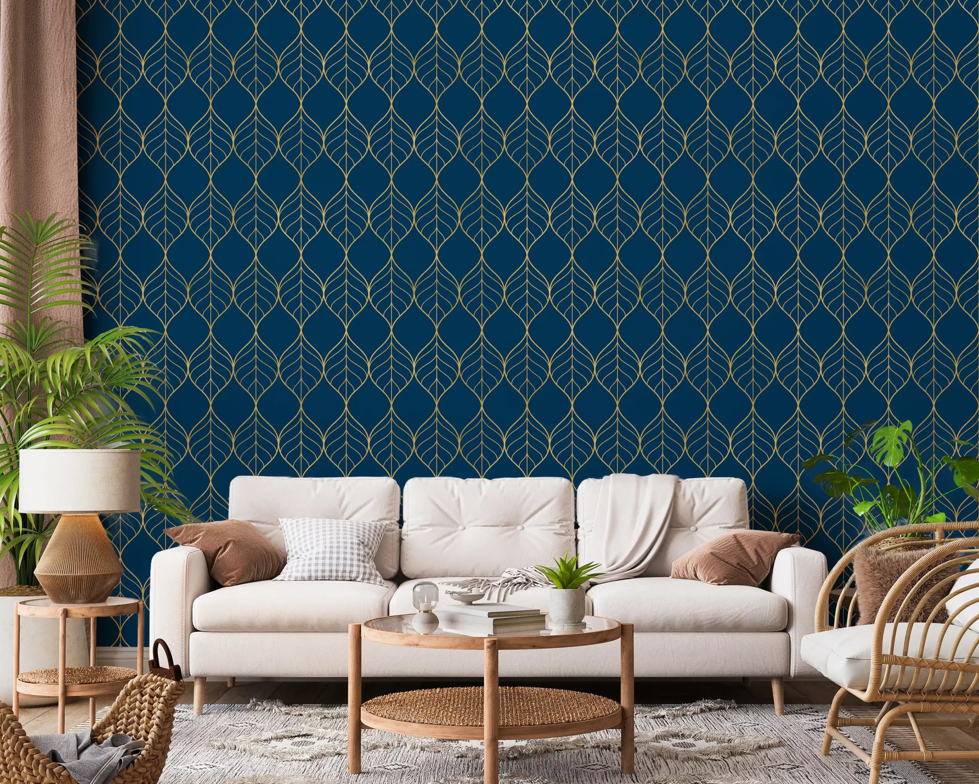 Navy wallpaper showing pointed gold ogee leaf forms in vertical column., GD10649