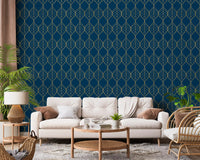 Navy wallpaper showing pointed gold ogee leaf forms in vertical column., GD10649