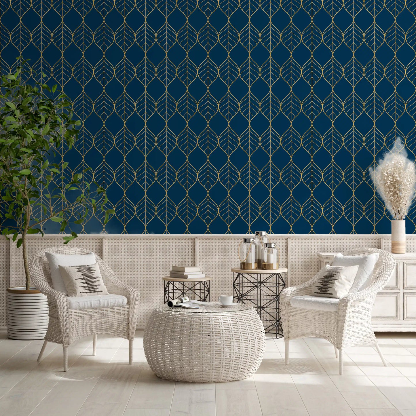Navy and gold wallpaper with symmetrical leaf-shaped ogee motifs., GD10649