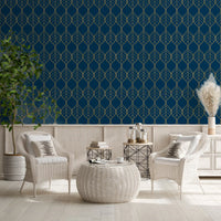 Navy and gold wallpaper with symmetrical leaf-shaped ogee motifs., GD10649