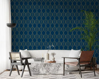 Navy wallpaper with metallic gold outlined leaf motifs arranged vertically., GD10649