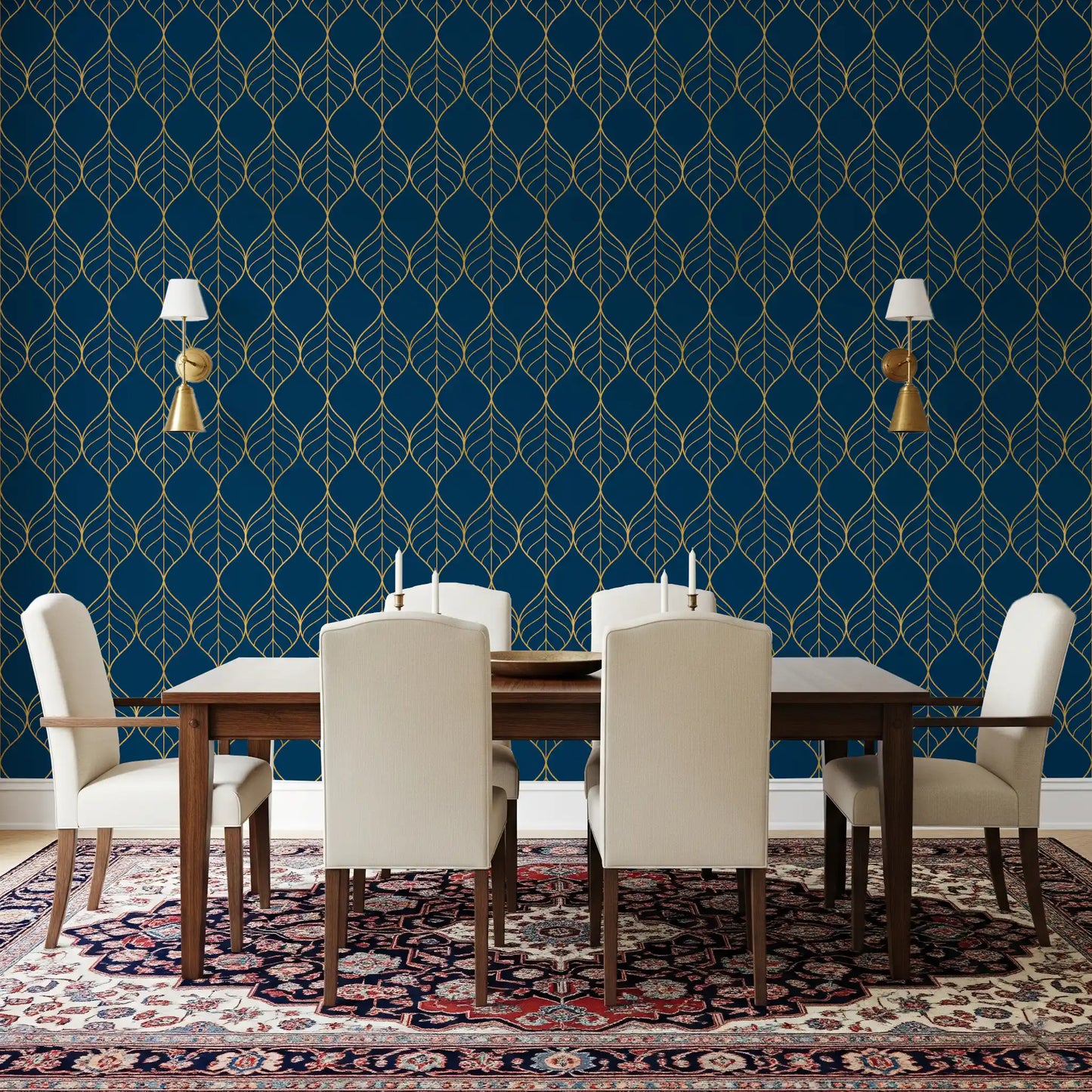 Metallic gold leaf pattern repeated on navy wallpaper in dining room., GD10649