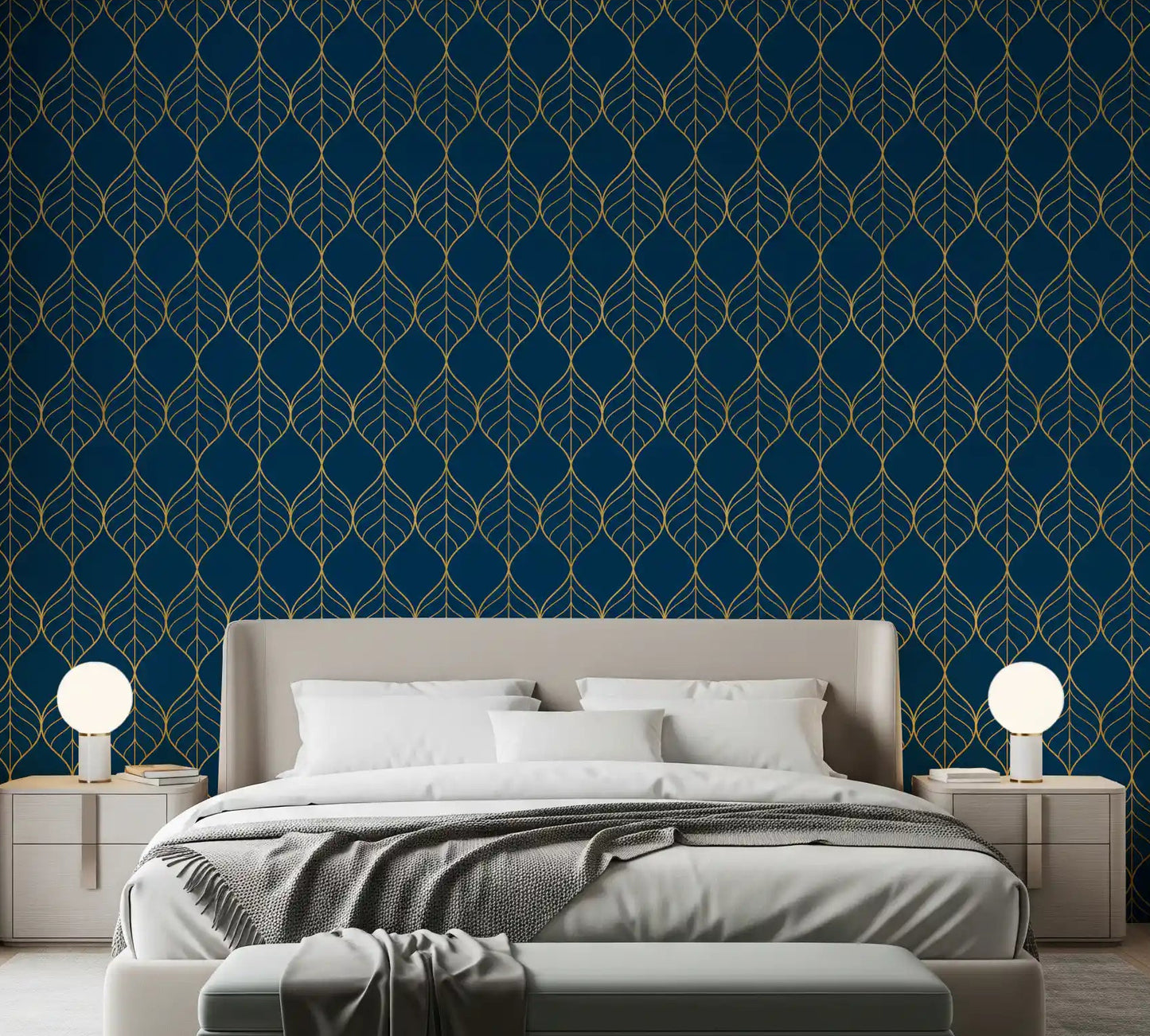 Gold leaf pattern on navy wallpaper displayed in a styled bedroom., GD10649
