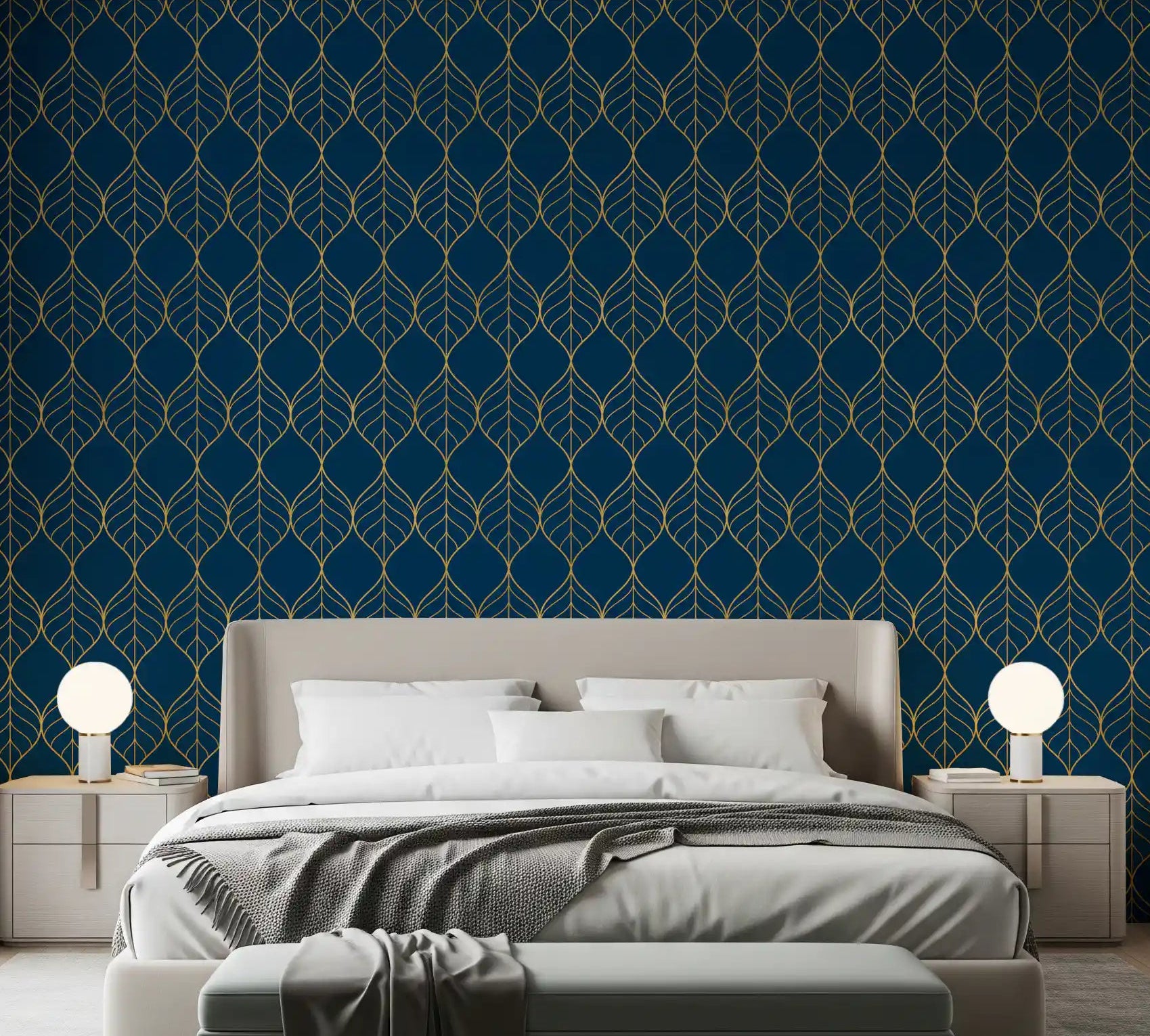 Gold leaf pattern on navy wallpaper displayed in a styled bedroom., GD10649