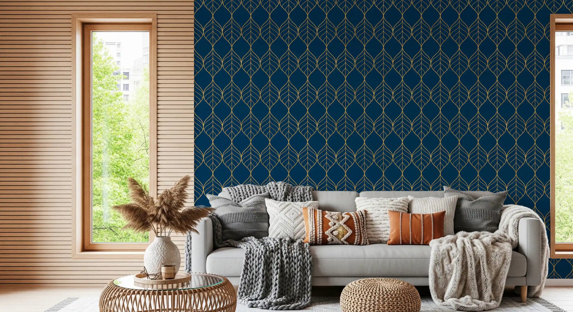 Vertical gold ogee leaf pattern wallpaper with paired curves on a navy background., GD10649
