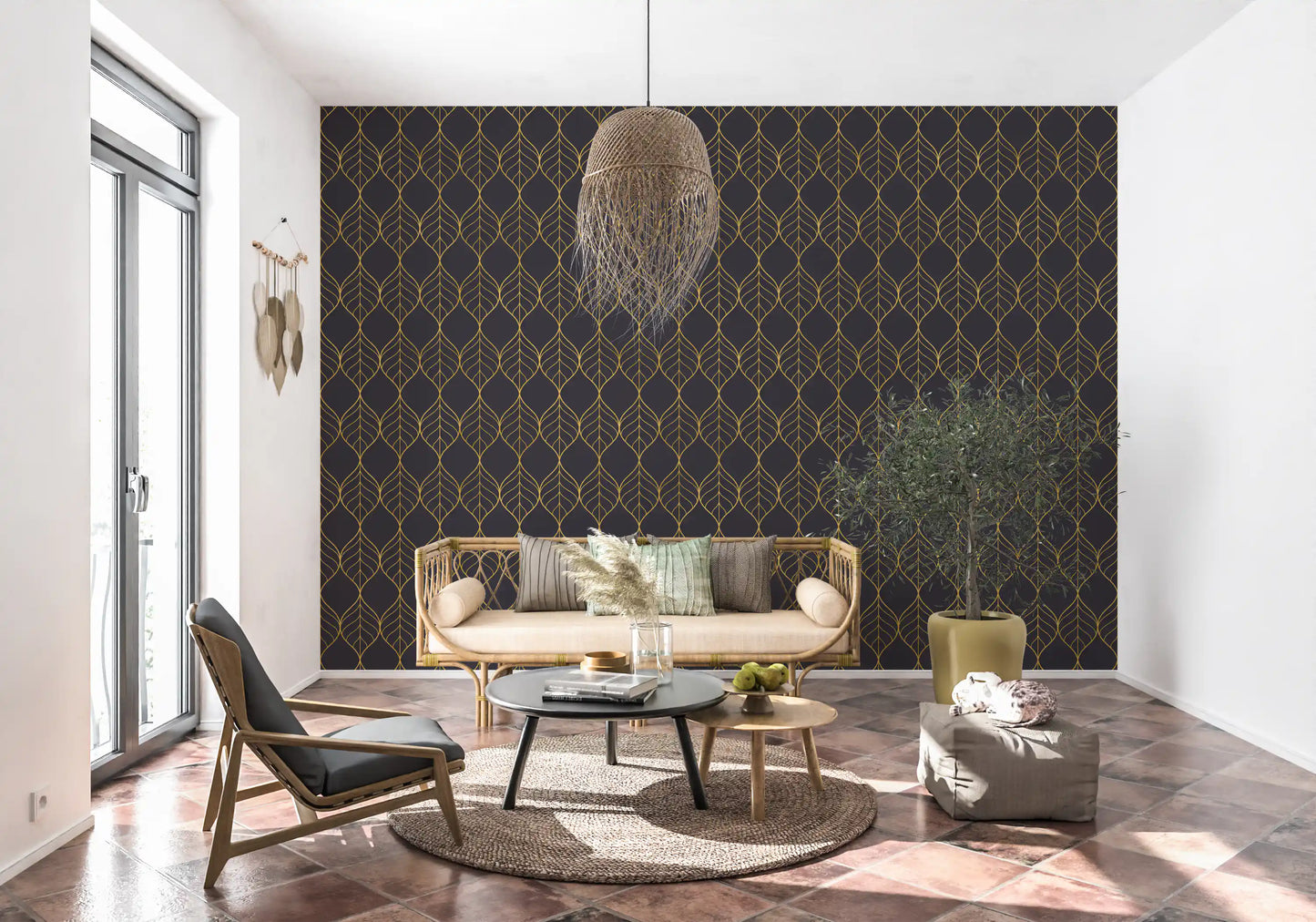 Repeating gold ogee leaf pattern wallpaper on a muted charcoal background., GD10650
