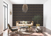 Repeating gold ogee leaf pattern wallpaper on a muted charcoal background., GD10650