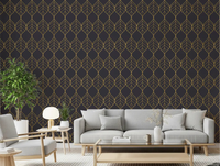 Golden leaf ogee wallpaper on charcoal in a styled living room., GD10650