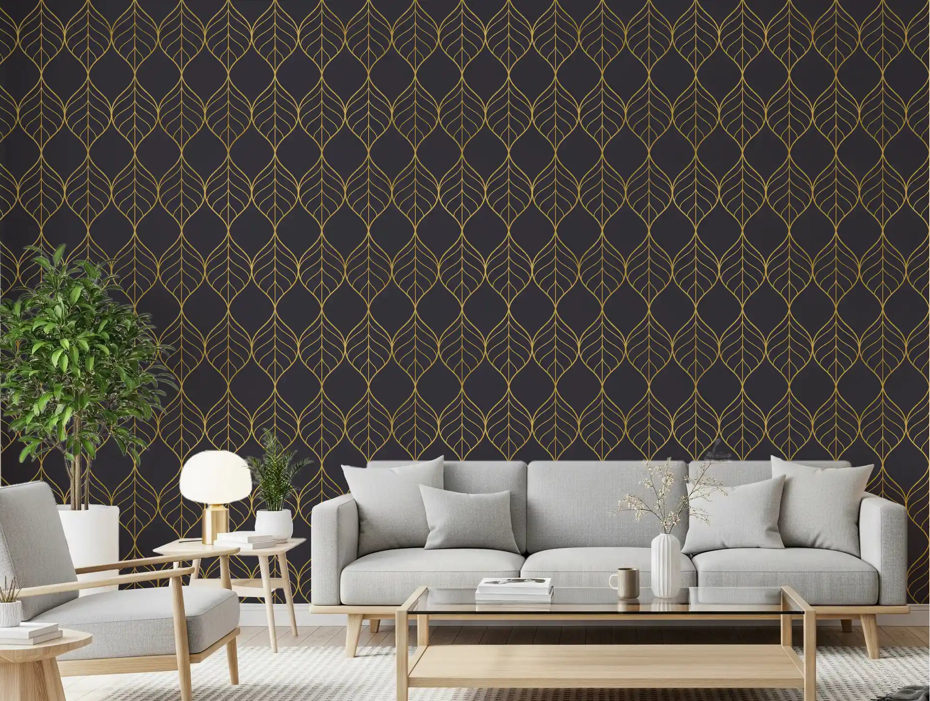 Golden leaf ogee wallpaper on charcoal in a styled living room., GD10650