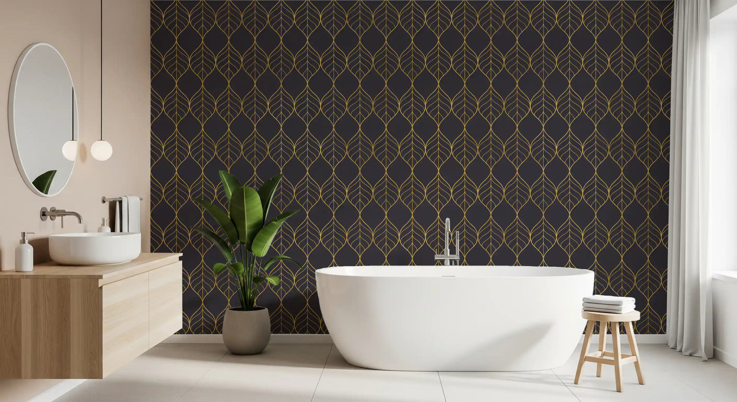 Metallic gold leaf pattern on charcoal wallpaper in a warm bathroom., GD10650