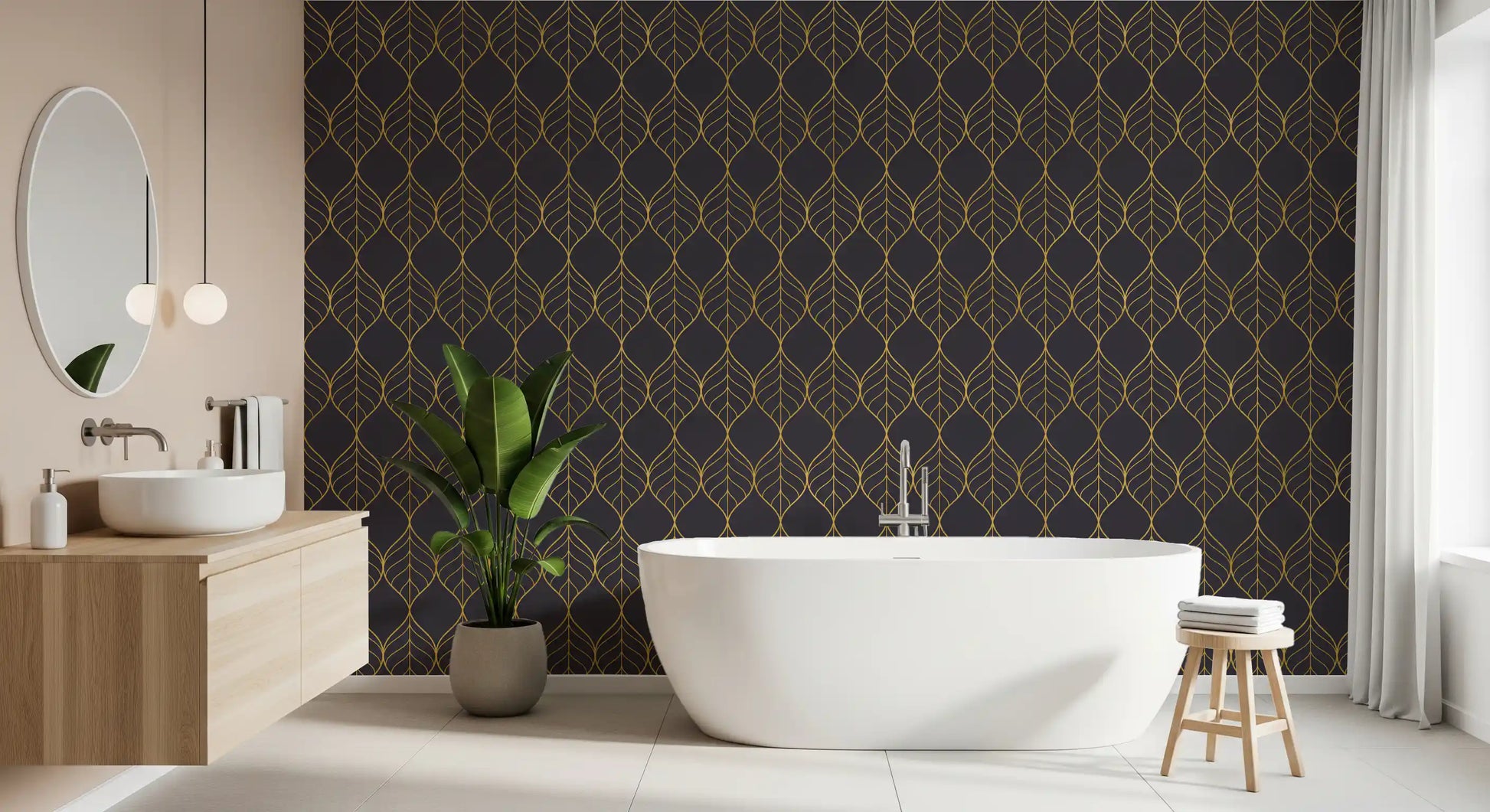 Metallic gold leaf pattern on charcoal wallpaper in a warm bathroom., GD10650