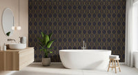 Metallic gold leaf pattern on charcoal wallpaper in a warm bathroom., GD10650