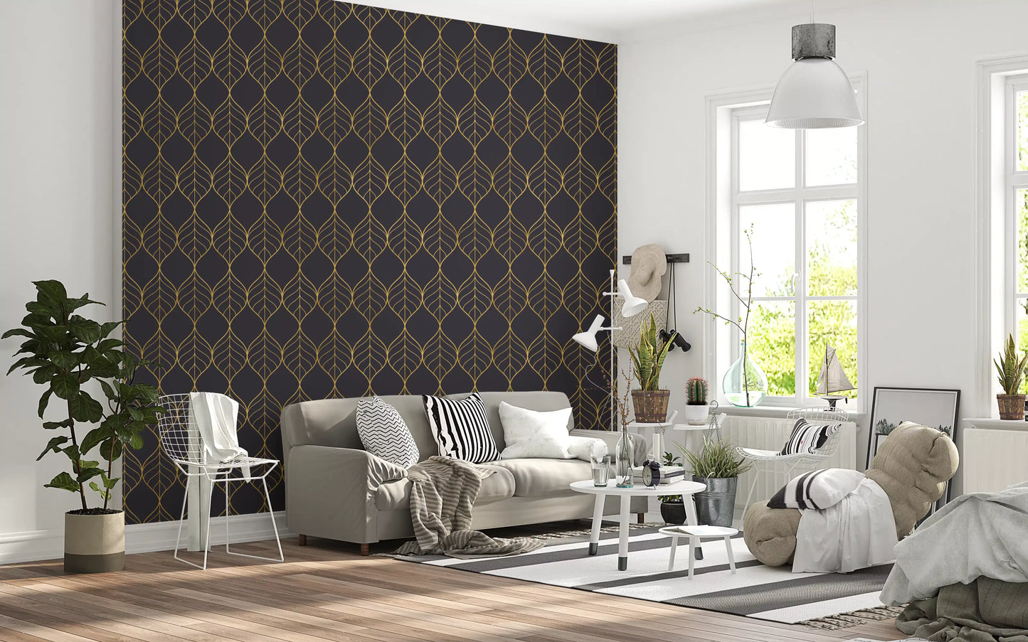 Charcoal wallpaper showing pointed gold ogee leaf forms in vertical columns., GD10650