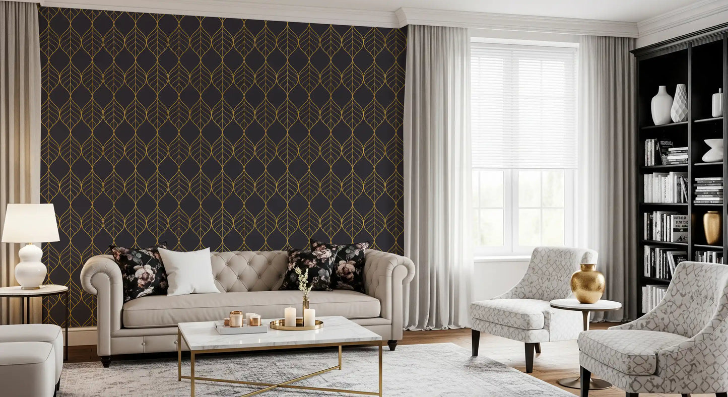 metallic gold leaf pattern repeated on charcoal wallpaper., GD10650
