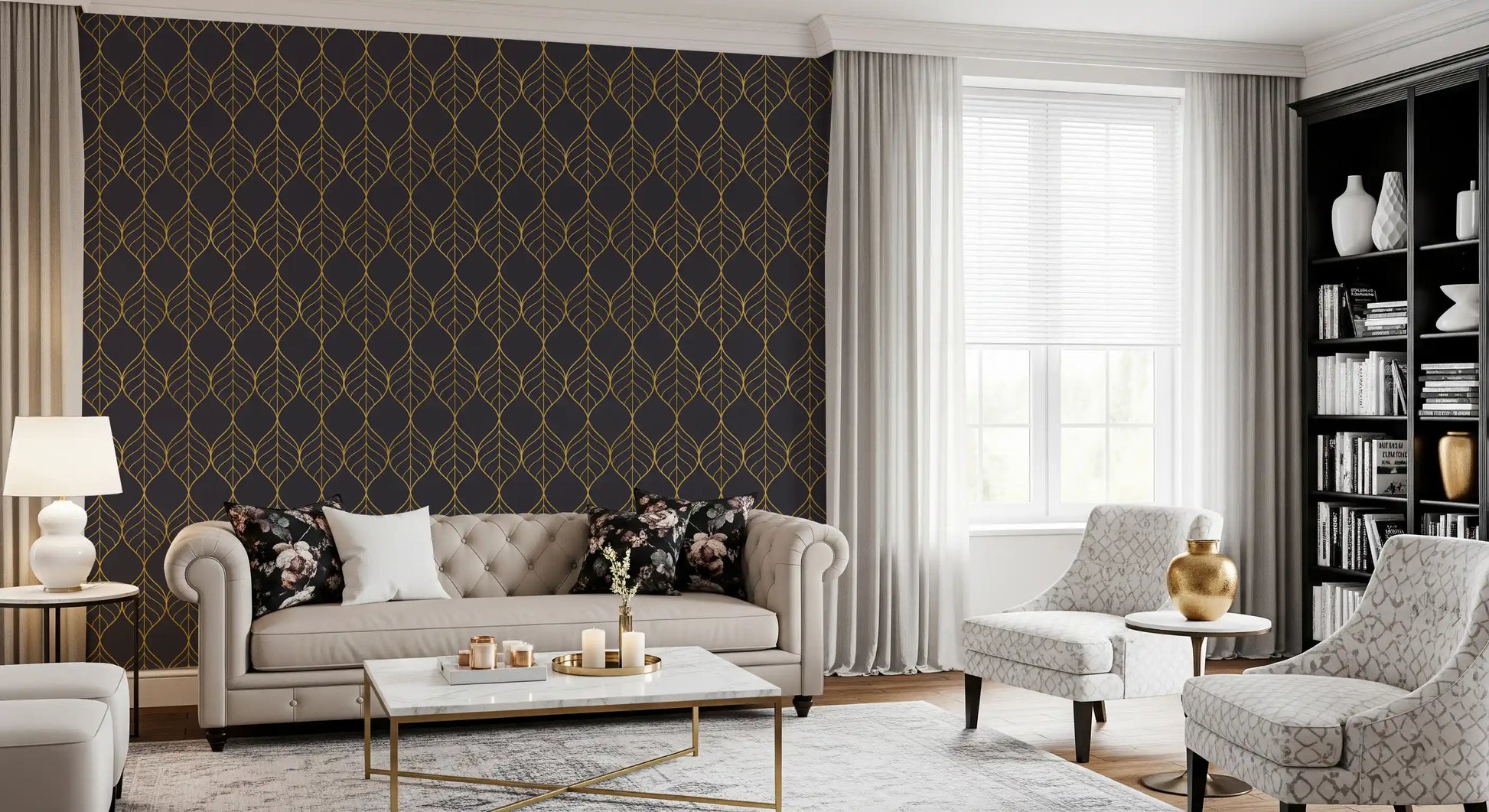 metallic gold leaf pattern repeated on charcoal wallpaper., GD10650