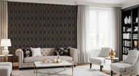 metallic gold leaf pattern repeated on charcoal wallpaper., GD10650