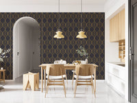 Metallic gold outlined leaf motifs arranged vertically on charcoal wallpaper., GD10650