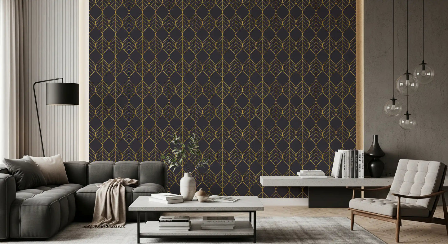 Charcoal and gold wallpaper with symmetrical leaf-shaped ogee motifs., GD10650