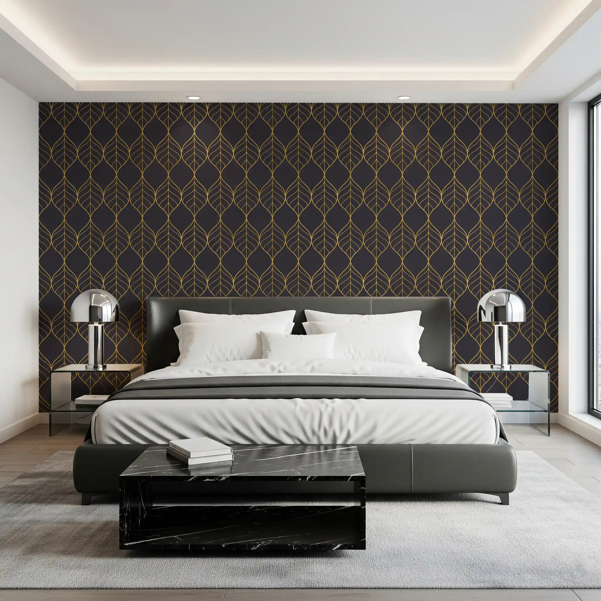 Charcoal wallpaper with Gold outlined leaf shapes forming a connected grid in bedroom., GD10650