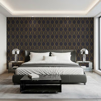 Charcoal wallpaper with Gold outlined leaf shapes forming a connected grid in bedroom., GD10650